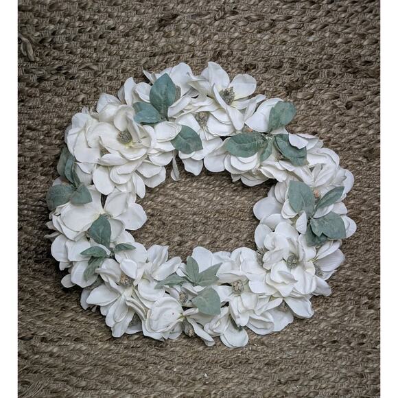 White Floral Spring Wreath Green Leaves Easter Holiday 26" Front Door Porch - Picture 1 of 9